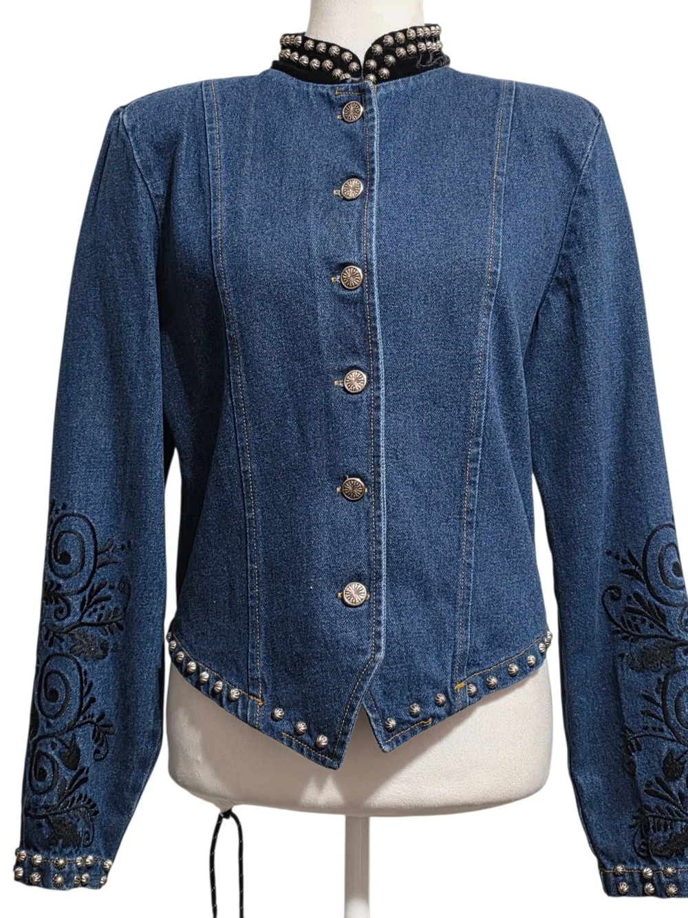 Vintage Gordon James Studded Denim Jacket Embroidered Western Boho Moto L